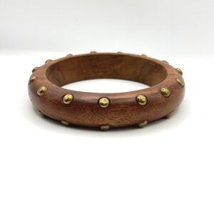 Vintage Wood Bangle Bracelet Brass Studded Brown Chunky Boho Statement Accessory